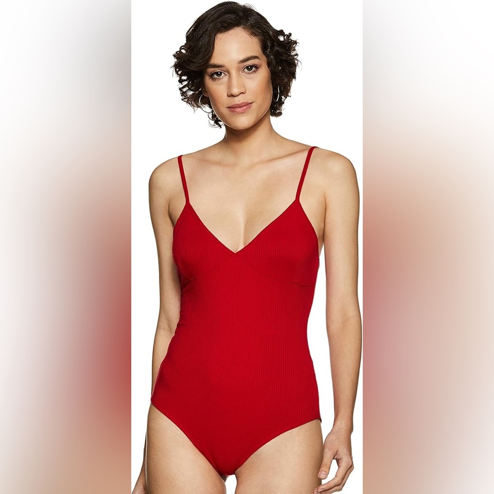 Forever 21 Red Ribbed V-Neck Bodysuit